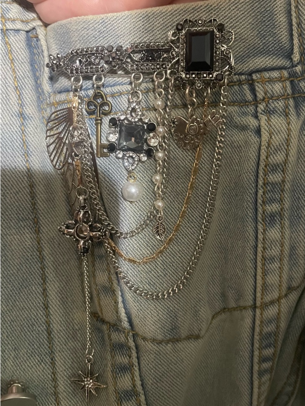 Multi-Chain Brooch Pin with Charms and Gems - Picture 5 of 8